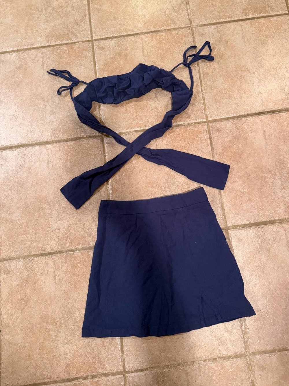 SHEIN Navy Blue Tie-Back Crop Top and Mini Skirt Set